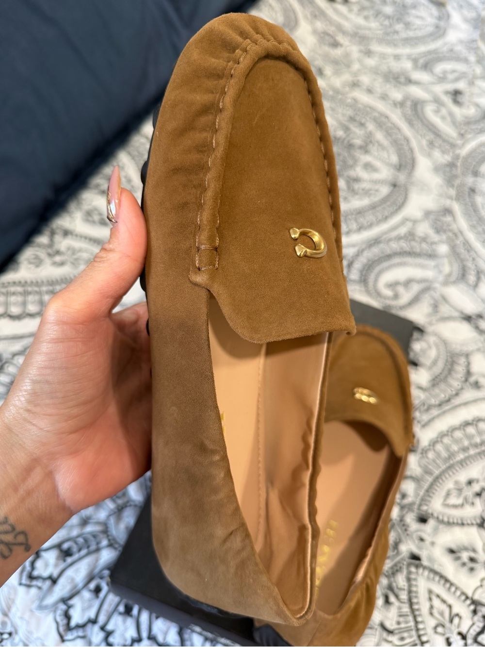 Coach Brown Suede Driving Loafers with Gold Horsebit